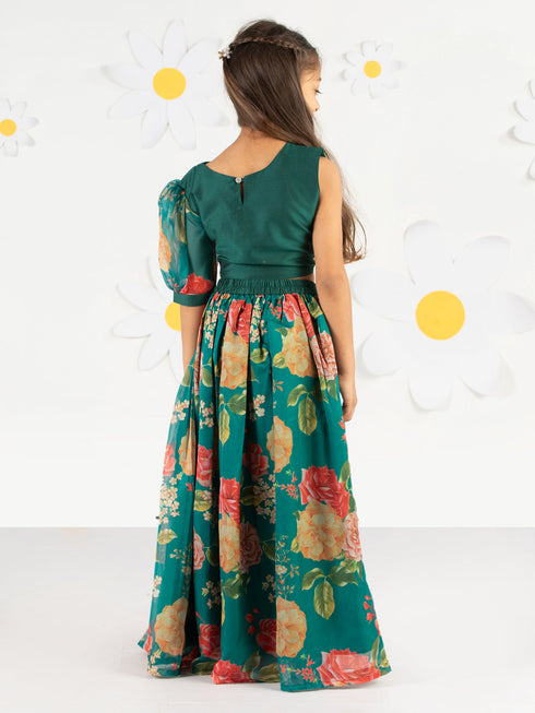 Girl's' Green Printed Organza Lehenga With Dupatta Set